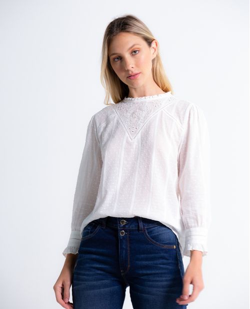 Camisa para mujer blanca 100% algodón con textura de plumeti