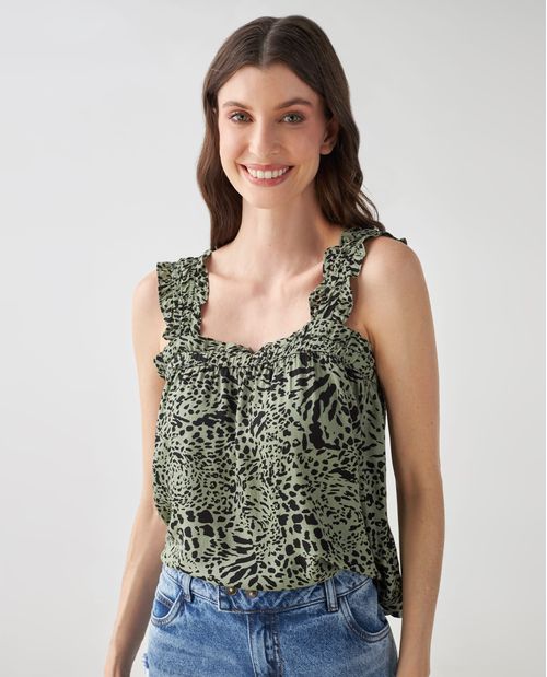Camisa para mujer verde con estampado animal print y boleros