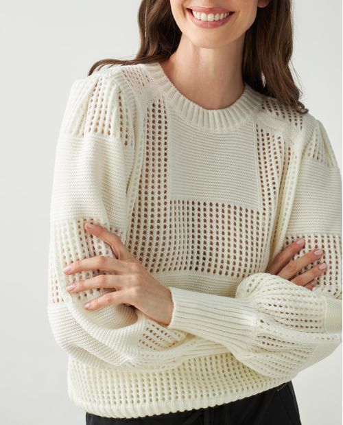 Suéter para mujer crudo con mangas globo y punto combinado