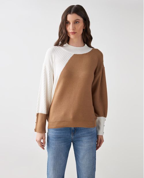 Suéter para mujer caqui con bloques de color y textura de rayas