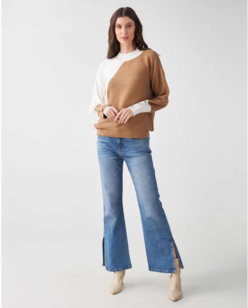 Suéter para mujer caqui con bloques de color y textura de rayas