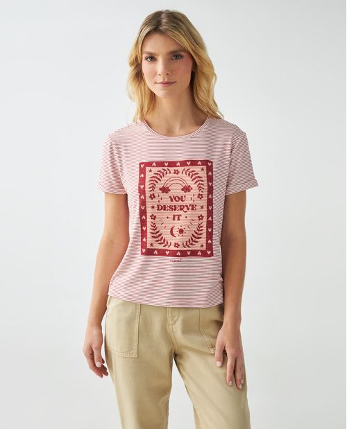 Camiseta para mujer con diseño a rayas y gráfico en el frente