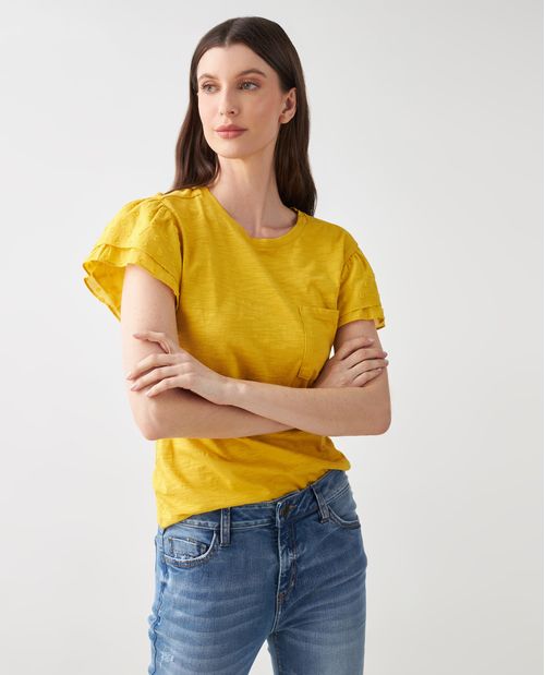 Camiseta para mujer amarilla 100% algodón con boleros en las mangas