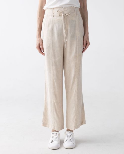Pantalón para mujer beige en mezcla de lino con cintura ajustable