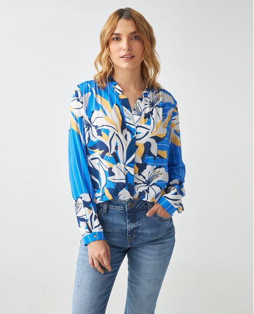 Camisa para mujer azul en viscosa con flores estampadas