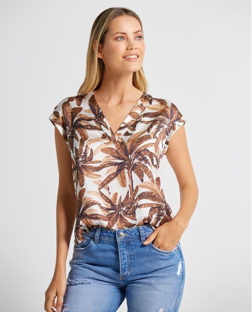 Camisa para mujer con combinación de tejidos y hojas estampadas