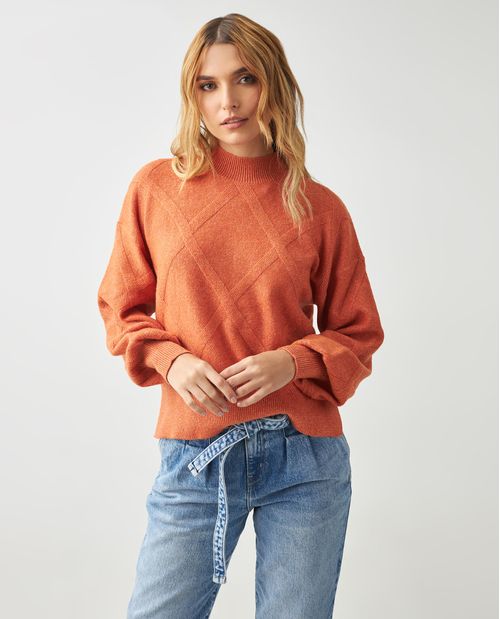 Suéter para mujer crudo con mangas globo y textura de rombos
