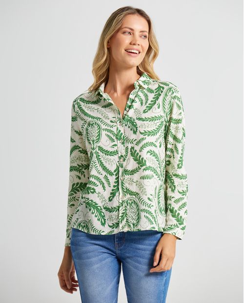 Camisa para mujer con estampado paisley en mezcla de lino