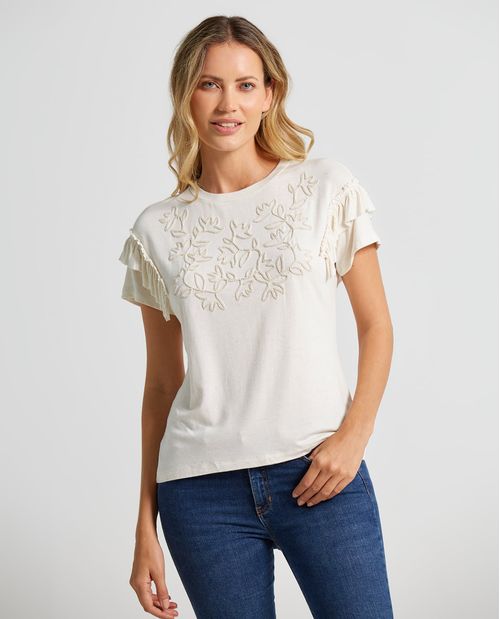 Camiseta para mujer en mezcla de lino con boleros y detalles bordados