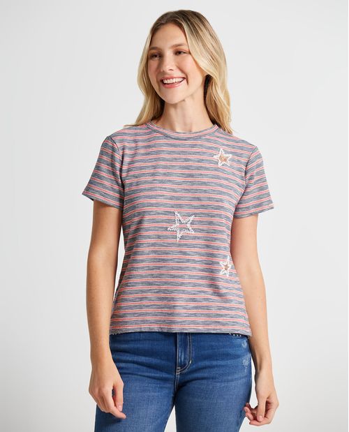 Camiseta para mujer con diseño a rayas y apliques brillantes