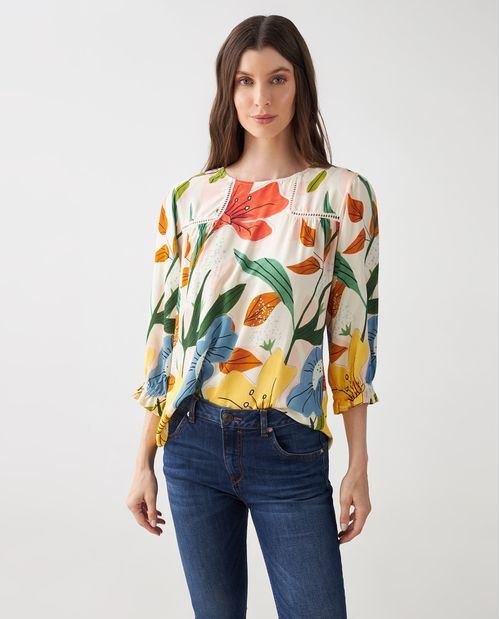Camisa para mujer con estampado floral y encaje de ganchillo