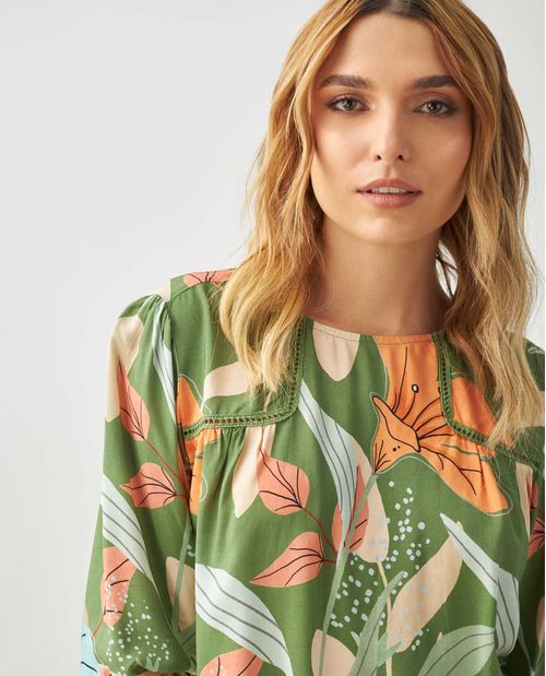 Camisa para mujer con estampado floral y encaje de ganchillo