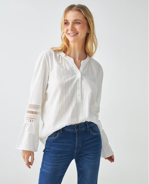Camisa para mujer blanca estilo túnica con detalles tejidos