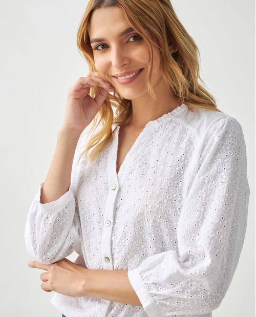 Camisa para mujer blanca con bordados perforados 100% algodón