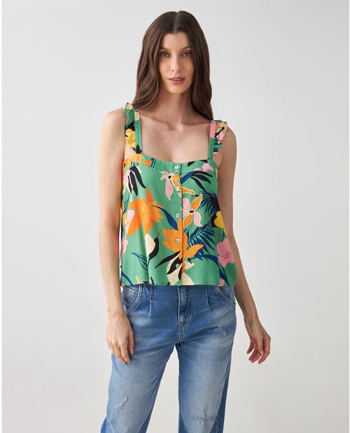 Camisa para mujer verde con estampado de flores y boleros