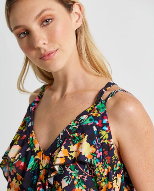 Camisa para mujer de tiras con estampado de flores en pura viscosa