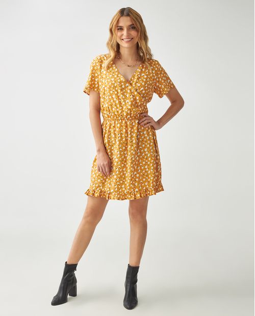 Vestido corto para mujer amarillo con lunares estampados y boleros