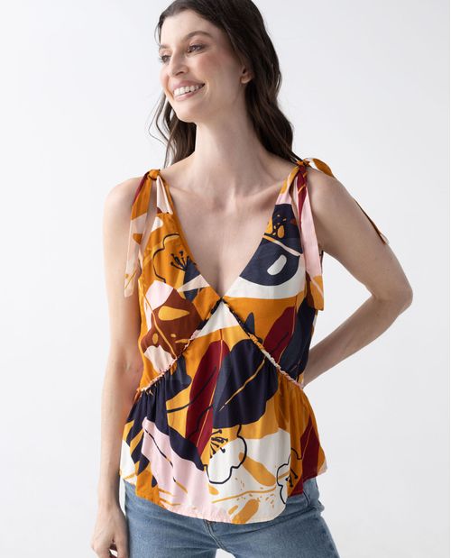 Camisa para mujer con estampado floral y tiras para anudar sobre los hombros