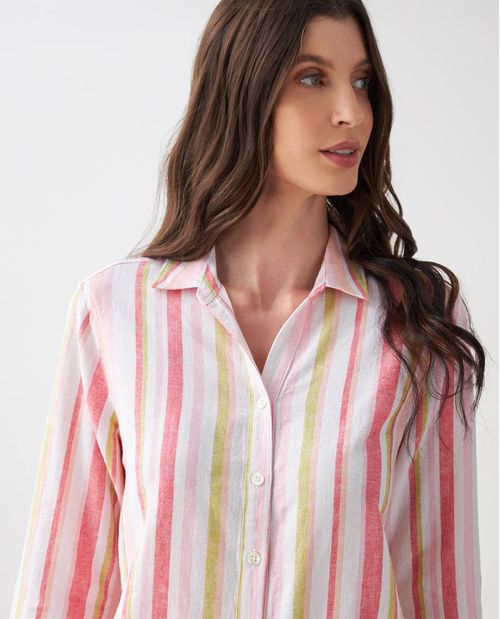 Camisa para mujer rosa con diseño a rayas en mezcla de lino