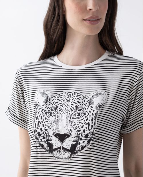 Camiseta para mujer a rayas con tigre bordado