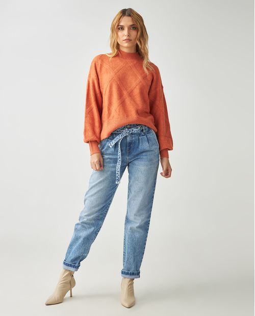Suéter para mujer naranja con mangas globo y textura de rombos