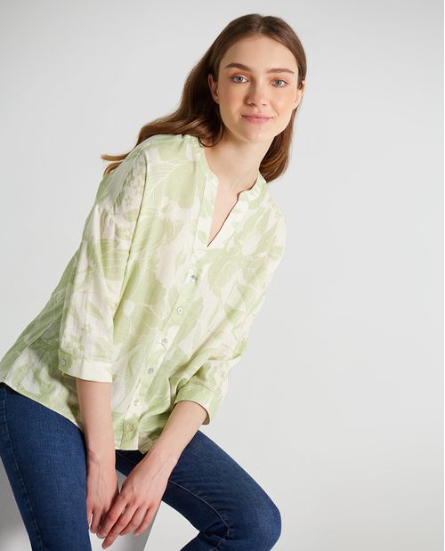 Camisa para mujer con estampado de flores en mezcla de lino