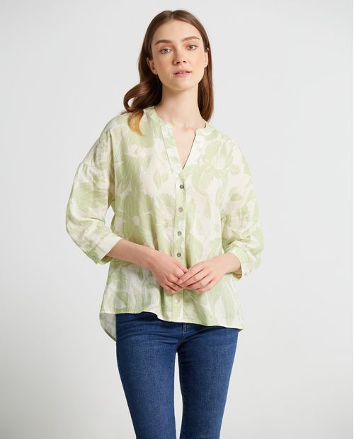 Camisa para mujer con estampado de flores en mezcla de lino