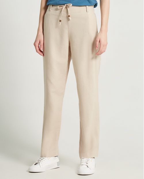 Pantalón lino con amarre en cintura y bolsillos laterales