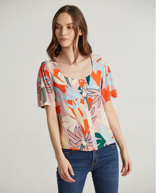 Camisa cuello cuadrado de flores para mujer