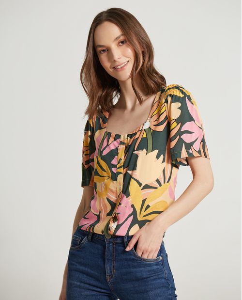 Camisa cuello cuadrado de flores para mujer