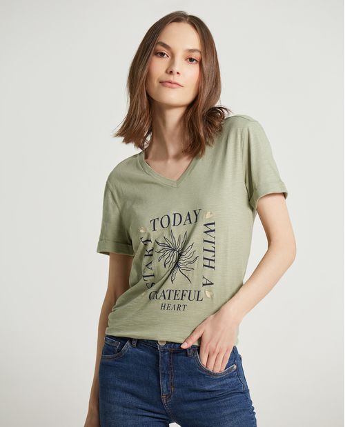 Camiseta estampada y bordada para mujer
