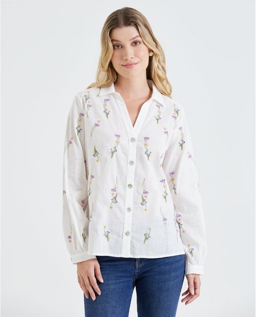 Camisa con bordado de flores para mujer