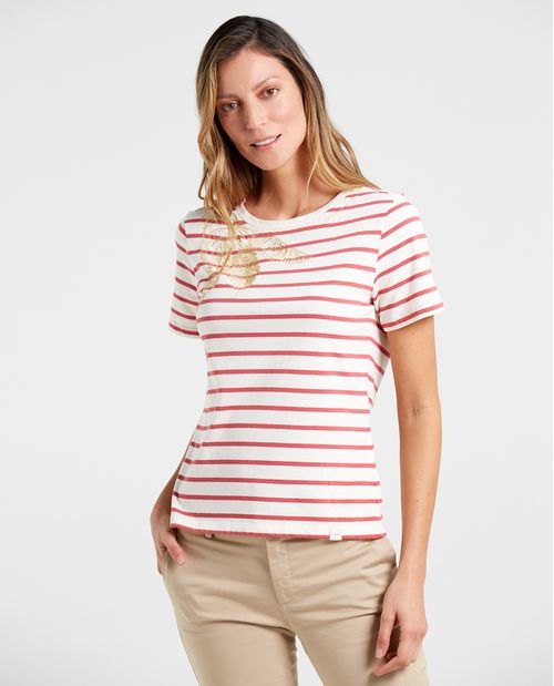 Camiseta con estampado y bordado para mujer