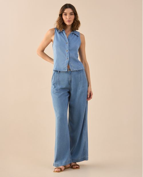 Pantalón Wide Leg tono medio para mujer