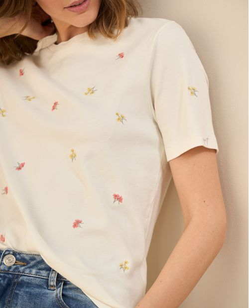 Camiseta con flores bordadas para mujer