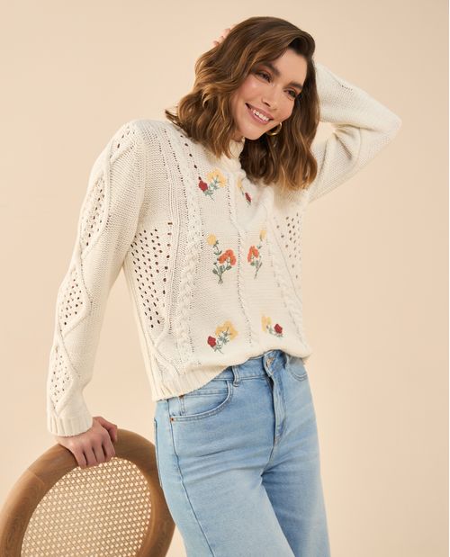 Buzo tejido con flores bordadas para mujer