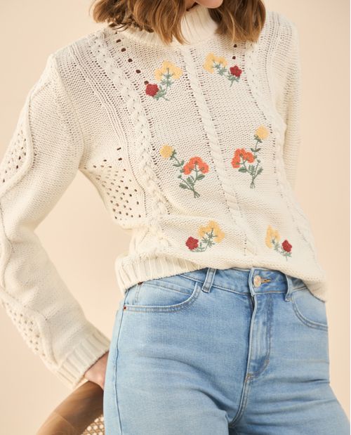 Buzo tejido con flores bordadas para mujer