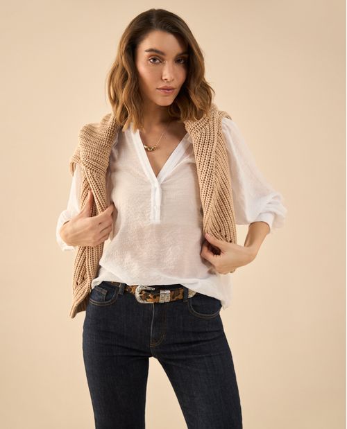 Camisa manga larga de tela fluida para mujer