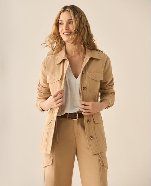 Chaqueta larga con cordón en citurón para mujer