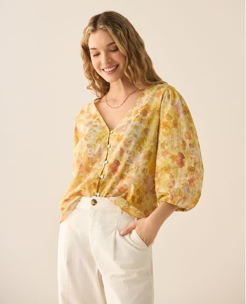 Camisa de diseño abierto con estampado de flores para mujer