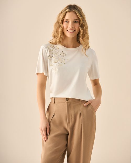 Camiseta manga corta con apliques de flores para mujer