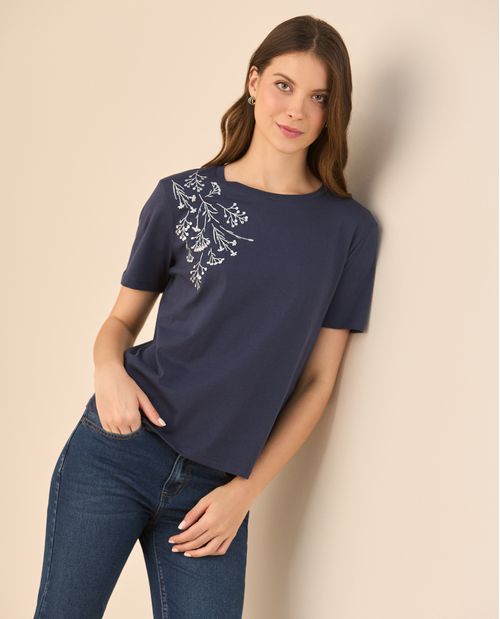 Camiseta manga corta con apliques de flores para mujer