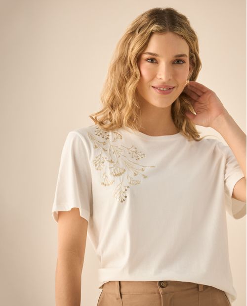 Camiseta manga corta con apliques de flores para mujer