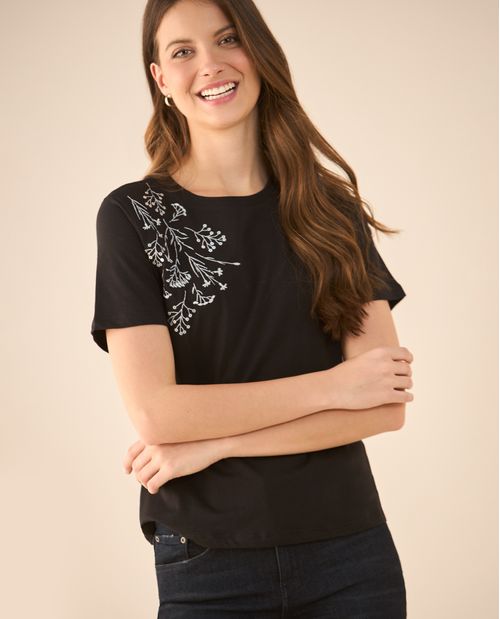 Camiseta manga corta con apliques de flores para mujer