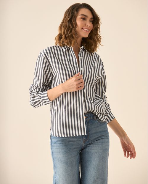 Camisa de rayas con bordado en el cuello para mujer