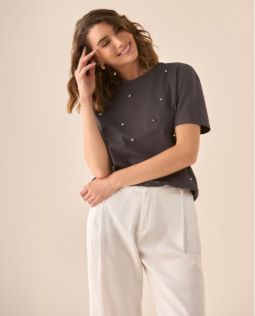 Camiseta manga corta con apliques de piedra para mujer