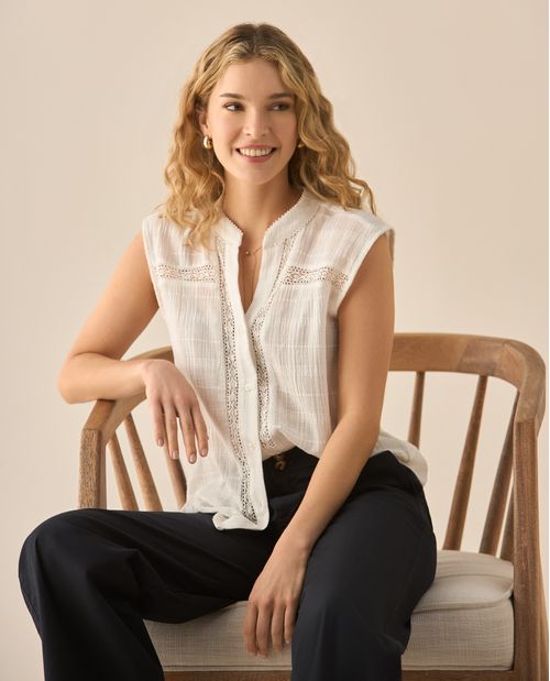 Camisa manga sisa con cortes tejidos para mujer