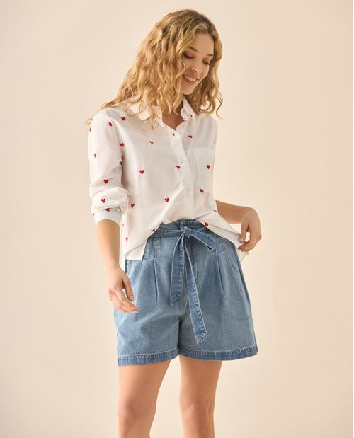 Camisa manga larga con corazones bordados para mujer