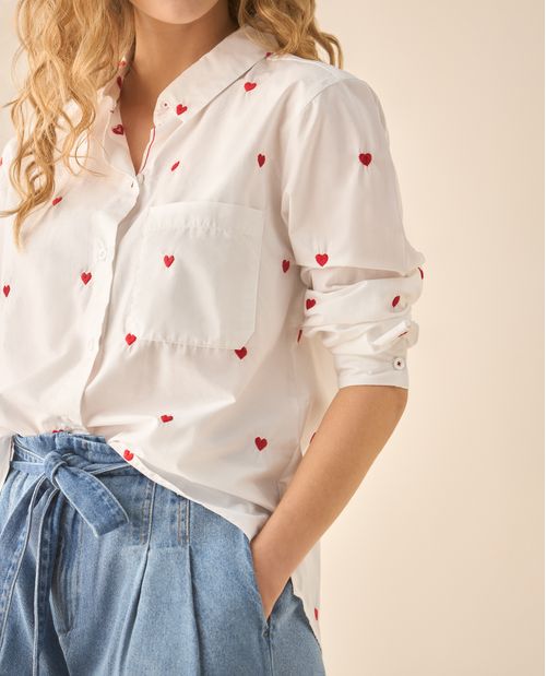Camisa manga larga con corazones bordados para mujer
