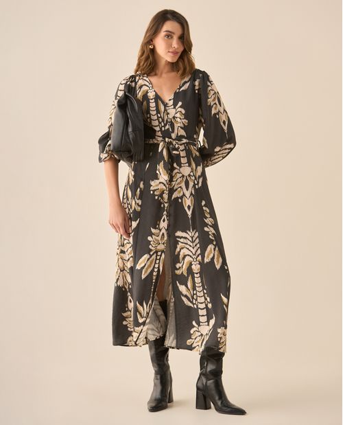 Vestido largo estampado con cinturón para mujer